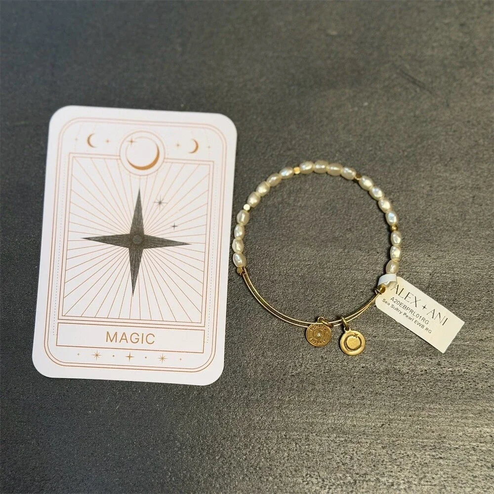 Alex and Ani Bracelet Sea Sultry Pearl Beaded Expandable Bangle Gold Tone